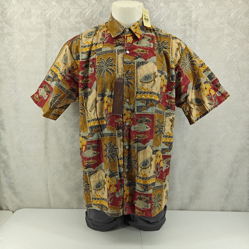 Tori Richard Shirt Mens L Brown Cotton Lawn Tropical Aloha Palms Turtle Fish New